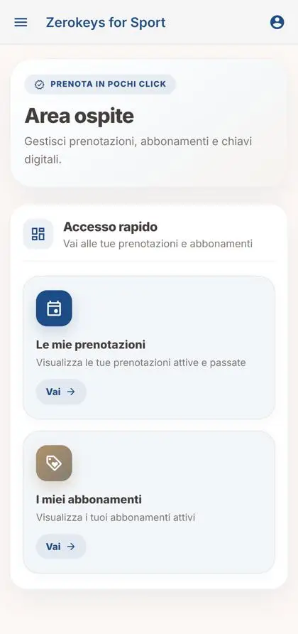 Area personale del cliente nella web app Zerokeys for Sport con prenotazioni e abbonamenti