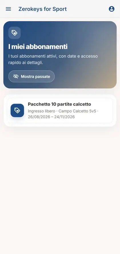 Web app Zerokeys for Sport: ingressi residui del pacchetto palestra