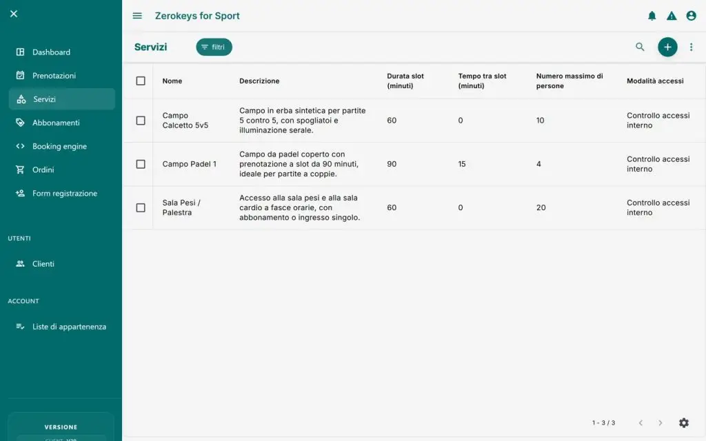 Elenco dei servizi e dei campi nel gestionale Zerokeys for Sport